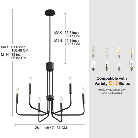 Diagram of Black 6 Light Chandelier For Dining Room Dope Modern Farmhouse Industrial Candlestick Ceiling Hanging Light Fixture Over Table