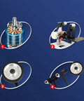 Rock Solid Brushless Belt Sander Paired With Adjustable Knife Grinder And Flip Angle Setup parts including motor and grinding fixtures.