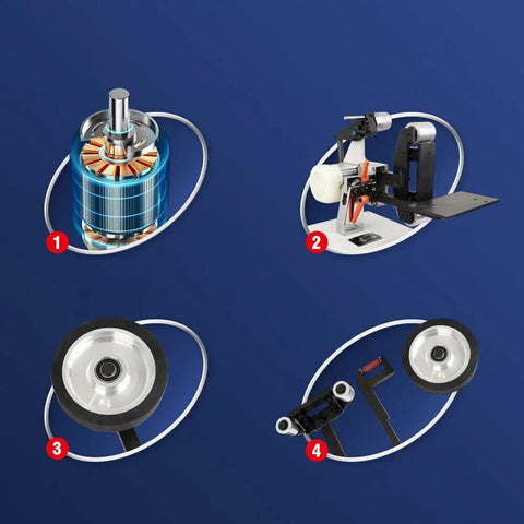 Rock Solid Brushless Belt Sander Paired With Adjustable Knife Grinder And Flip Angle Setup parts including motor and grinding fixtures.