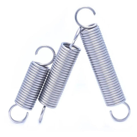 Built Tough 10 Pack Of Premium 304 Stainless Steel Tension Springs With Open Hooks For Shock Absorption And Quick Gear Repairs 4Mm Outer Diameter 120Mm Long image showing three tension springs with hooks.