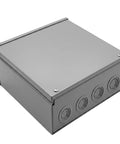 Heavy Duty Tough As Nails Outdoor Electrical Junction Box 10 X 10 X 6 Inch Nema 3r Carbon Steel weatherproof enclosure with four conduit knockouts.
