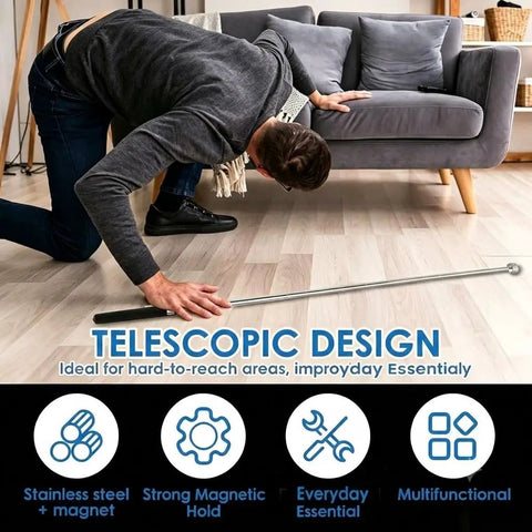 Person using Eight Pack Telescoping Magnetic Pickup Tools With 1.5, 3, 10, And 15 Lb Capacity to retrieve item under couch.