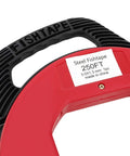 Close-up of 250 Ft Electrician Fish Tape Reel with label showing steel fishtape specifications, featuring ergonomic handle.