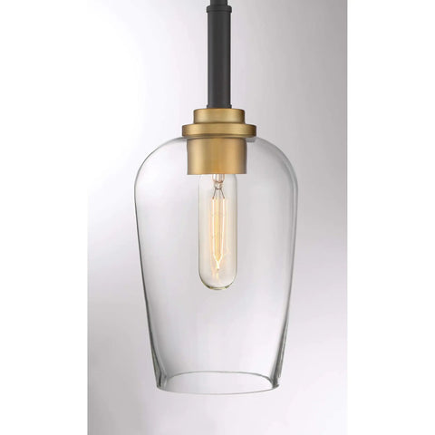 Sagamore Mini Pendant Ceiling Light in Earth Black with Brass Accents, industrial modern design, glass shade, 13x5 inches, 100W compatible.