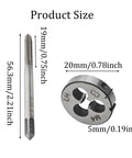 Left Hand Metric M4 X 0.7 Tap And Die Set HSS High Speed Steel Threading Kit for Reverse Thread Repair And Precise Machining Projects Includes Matching Tap And Die For Internal And External Threads Great For Automotive DIY And Metalworking, with size dimensions.