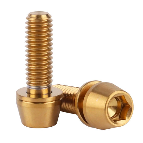 Two Six Pack Titanium M6x16mm M6x18mm M6x20mm Allen Hex Tapered Head Bolts in gold finish for bicycle fittings, ultra lightweight.