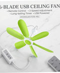 Ceiling Fan - 16.5in USB Hanging Fan with Remote 5 Soft Blades Quiet, green blades, remote control, USB powered, compact design.