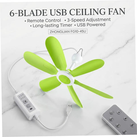 Ceiling Fan - 16.5in USB Hanging Fan with Remote 5 Soft Blades Quiet, green blades, remote control, USB powered, compact design.
