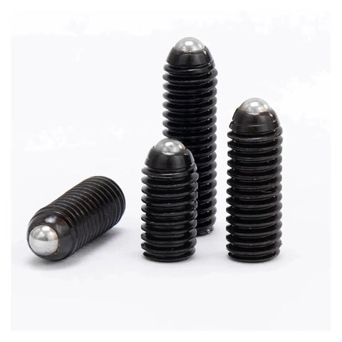 Heavy Duty Spring Ball Plungers And Hex Socket Set Screws, Grade 12.9 Alloy Steel Grub Fasteners, close-up of black metal pins.