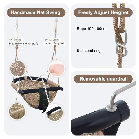 2-In-1 Toddler Swing Seat With Adjustable Ropes For Kids featuring hand-woven breathable net, removable guardrail, and adjustable height