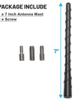 Package includes 7 Inch Spiral Antenna Mast Replacement for Nissan with screws, shown with 7 inch measurement.