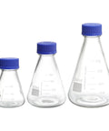 Three Piece Erlenmeyer Flask Set 250ml 500ml 1000ml Narrow Mouth With Screw Cap Borosilicate Glass Flasks With Printed Graduation