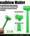 Green 1/2 lb deadblow mallet with steel shot filled head, diamond pattern grip, part of Three Piece Deadblow Multi Purpose Hammer Set.