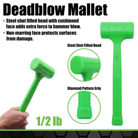 Green 1/2 lb deadblow mallet with steel shot filled head, diamond pattern grip, part of Three Piece Deadblow Multi Purpose Hammer Set.