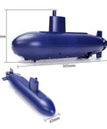 Close-up of Mini RC Submarine With 2.4GHz Remote Control Six Channel Sub Boat, blue ABS hull, visible size measurements