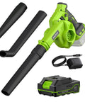 Cordless Leaf Blower With Battery And Charger, 20V Electric Blower Delivers 120 MPH Power, shows blower, battery, charger, two nozzles.