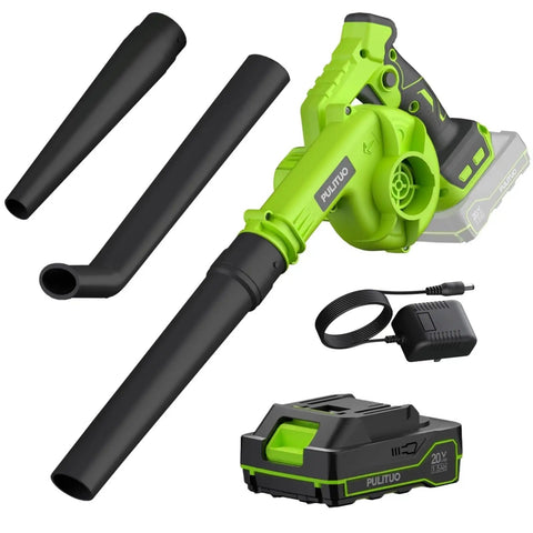 Cordless Leaf Blower With Battery And Charger, 20V Electric Blower Delivers 120 MPH Power, shows blower, battery, charger, two nozzles.