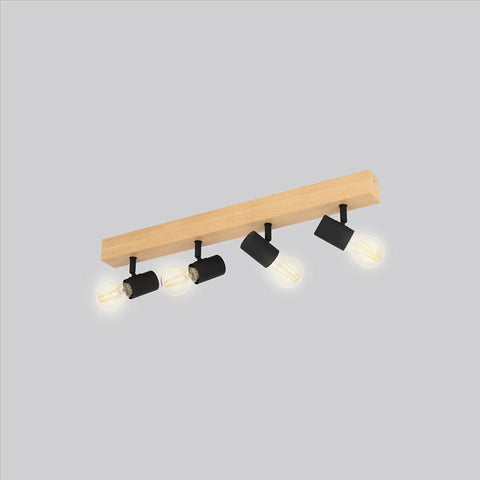 Kingswood 38 Inch Dope Modern Wood Track Light With Four LED Dimmable Heads, Black Finish; side view, flush to ceiling