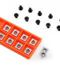 Rock Solid 11mm Square Carbide Roughing Inserts With Mounting Screws For Mini Woodturning Lathes, 10 square cutters in orange case.