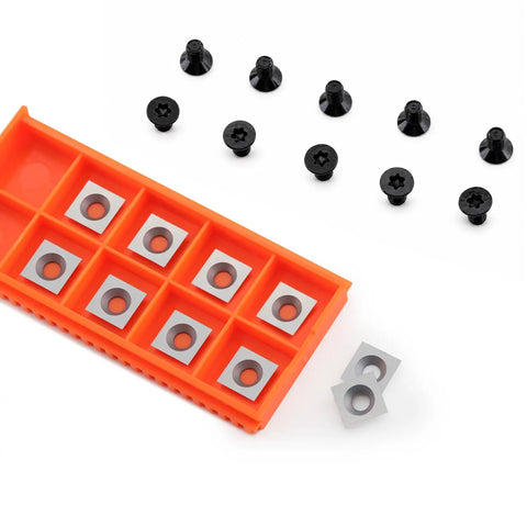 Rock Solid 11mm Square Carbide Roughing Inserts With Mounting Screws For Mini Woodturning Lathes, 10 square cutters in orange case.