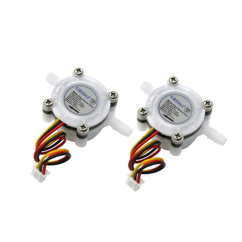 Two-pack of quarter inch water flow sensor hall effect flowmeter for food grade use 0.3 to 6 liters per minute, colorful wires