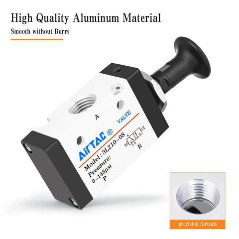 Manual Push-Pull 3-Way Valve With Hand Lever, 2 Position, 1/4 Inch NPT Pneumatic Control for Air Systems, Durable 3L210-08 Valve