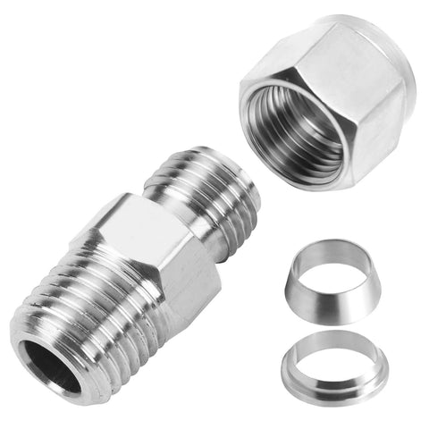 Stainless steel compression tube fitting straight adapter, front view, 1/4" OD x 1/4" NPT male, double ferrules, 2-pack