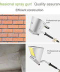 Heavy Duty Pneumatic Concrete Sprayer With Four Swappable Nozzles That Knocks Out Plaster And Mortar Jobs Fast On Interior Walls And Exterior Surfaces Featuring Rock Solid Stainless Steel Housing And Pro Trade Grade Power next to brick wall and ceiling.