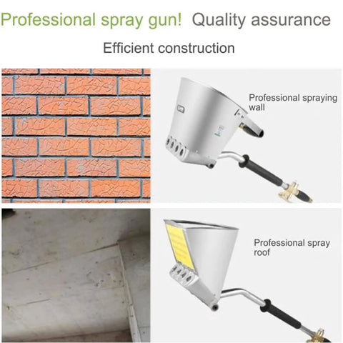 Heavy Duty Pneumatic Mortar Sprayer And Plaster Applicator For Walls And Ceilings With Four Swappable Nozzles For Fast Stucco And Texture Paint Application That Delivers Hella Fast Results And Zero Sweat Grinding, shown spraying a wall and roof.