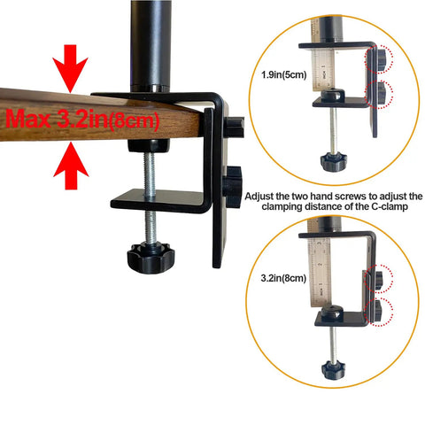 Rock Solid Rotary Tool Stand With Adjustable Height Table Clamp and Flexible Shaft Hook Rack for Dremel Foredom Shops close-up of adjustable C-clamp position.