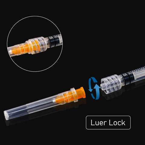 Close-up of Luer Lock feature on 1ml Syringe With 25G 1Inch Needle In Blister Pack, Individually Sealed, Precise Dosing