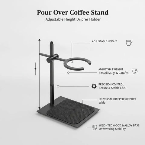 Adjustable Pour Over Coffee Stand Built From Premium Wood And Rock Solid Alloy Fits Travel Mugs Carafes with adjustable height feature.