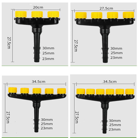 Adjustable Multi Head Nozzle Sprayer With Porous Six Hole Spray Head for garden lawn, size variations, black and yellow design.