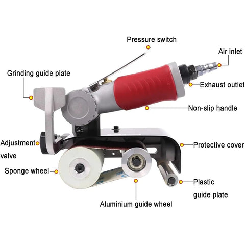 Detailed view of Heavy Duty Pneumatic Belt Sander Handheld Grinder Machine 7000 Rpm with adjustable handle and grinding guide plate.