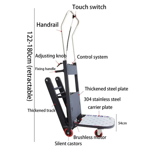 Must-Have Electric Stair Climbing Dolly With Powered Tracks And Four Wheels For Moving Heavy Furniture Safely Up Or Down Any Stairs Made Simple With Smooth Motorized Control with adjustable handrail and steel plate.