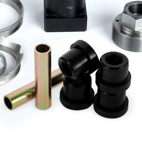 Golf Cart Rear Leaf Spring Bushing Kit Lightweight Rubber And Metal Suspension Bushings Replacement Easy Install No Tools Needed For Durable Ride And Quick Swap shown with metal tubes and bushings on white background