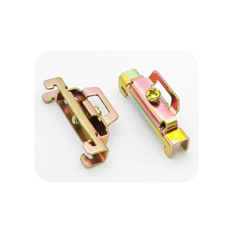 Two pieces of Six Pack DIN Rail Terminal Block End Stopper Set with iron galvanized screw clamp for secure rail locking in electrical panels