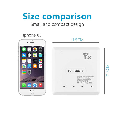 Size comparison of 6 In 1 Rapid Multi Charging Hub For DJI Mini 4K Mini 2 And Mini 2 SE Drones next to iPhone 6S.