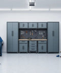 9 Piece Garage Storage Cabinet System With Locking Steel Cabinets, Locker Units, Wall Cabinets, 1-Drawer And 4-Drawer Rollers visible in garage