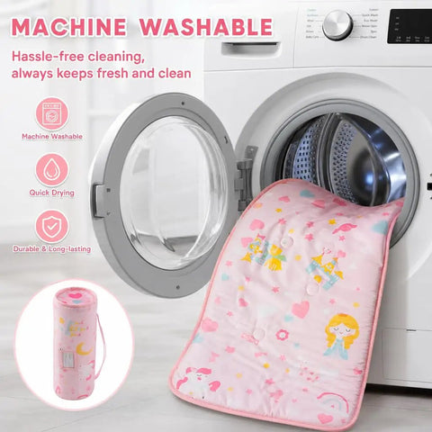 Pink Princess Toddler Nap Mat for Preschool Girls with Removable Blanket and Pillow Unicorn Castle Pattern in washing machine