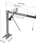 Beefy Heavy Duty Pickup Truck Crane With 1000 Lbs Capacity, Hydraulic Hoist And Manual Winch, shown in side view with dimensions.