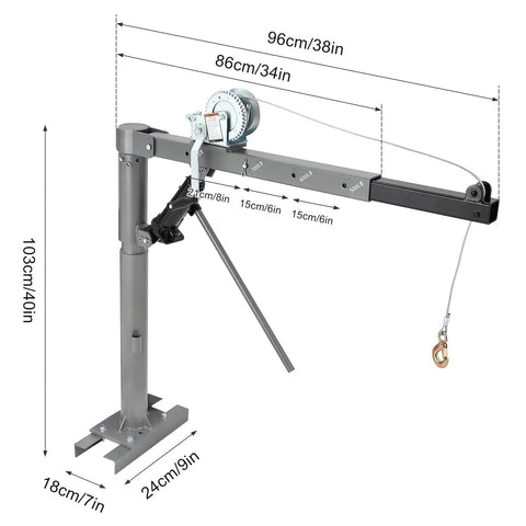 Beefy Heavy Duty Pickup Truck Crane With 1000 Lbs Capacity, Hydraulic Hoist And Manual Winch, shown in side view with dimensions.