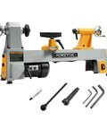 Powerful 10 Inch X 18 Inch Benchtop Mini Wood Lathe With Cast Iron Body, tools and accessories for DIY projects.