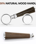 Boss Level 58mm Bottomless Portafilter With Genuine Black Walnut Handle For Breville Models 18 Gram Basket showing stainless steel and wood handle.