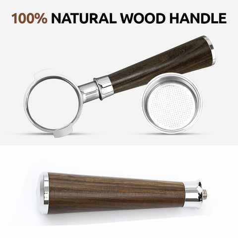 Boss Level 58mm Bottomless Portafilter With Genuine Black Walnut Handle For Breville Models 18 Gram Basket showing stainless steel and wood handle.