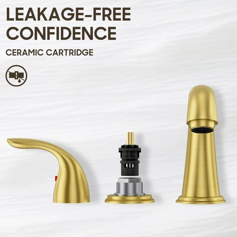Brushed Gold Widespread 8 Inch 2-Handle Bathroom Faucet With 3-Hole Setup And Metal Pop Up Drain Assembly Low Arc Sink Faucet For 1.38 Inch Thick Countertops Modern Design WF008-5-BG components display