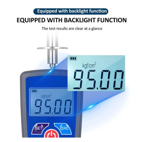 Big Time Digital Fruit Hardness Tester Meter Mini Penetrometer and Durometer Gauge showing clear 95 kgf/cm² reading with backlight.
