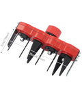 Four Tooth Rotary Cultivator Tool With Weeding Wheel Attachment And Manganese Steel Blades side view with dimensions