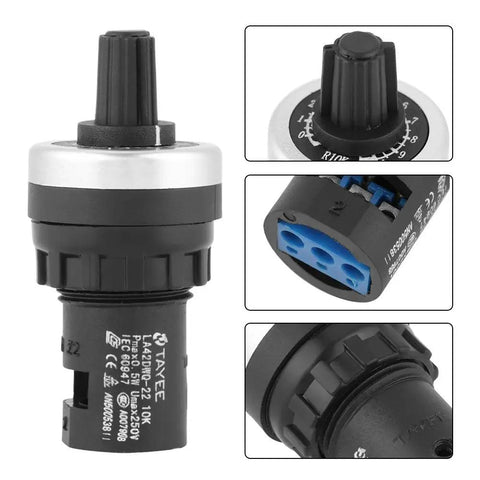 Panel Mount 10K Potentiometer For Variable Speed Drives VSD VFD Inverter Control Rotary Knob, Easy Screw Terminal Install, No Soldering Needed, Exponential D Type Adjustment For Precise Speed Tuning. panel mount black plastic 10K rotary knob potentiometer with screw terminals