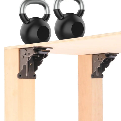Straight Up 12 Pack Folding Brackets With Screws Rock Solid Self Locking Hinges 0 90 Degree Adjustable Table Leg Extenders No Sweat Diy Furniture Support Frame Black shown mounted on table post with weights